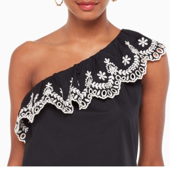 New KATE SPADE One Off Shoulder Eyelet Ruffle Blouse Top Cotton Black White Sz S - Picture 2 of 15